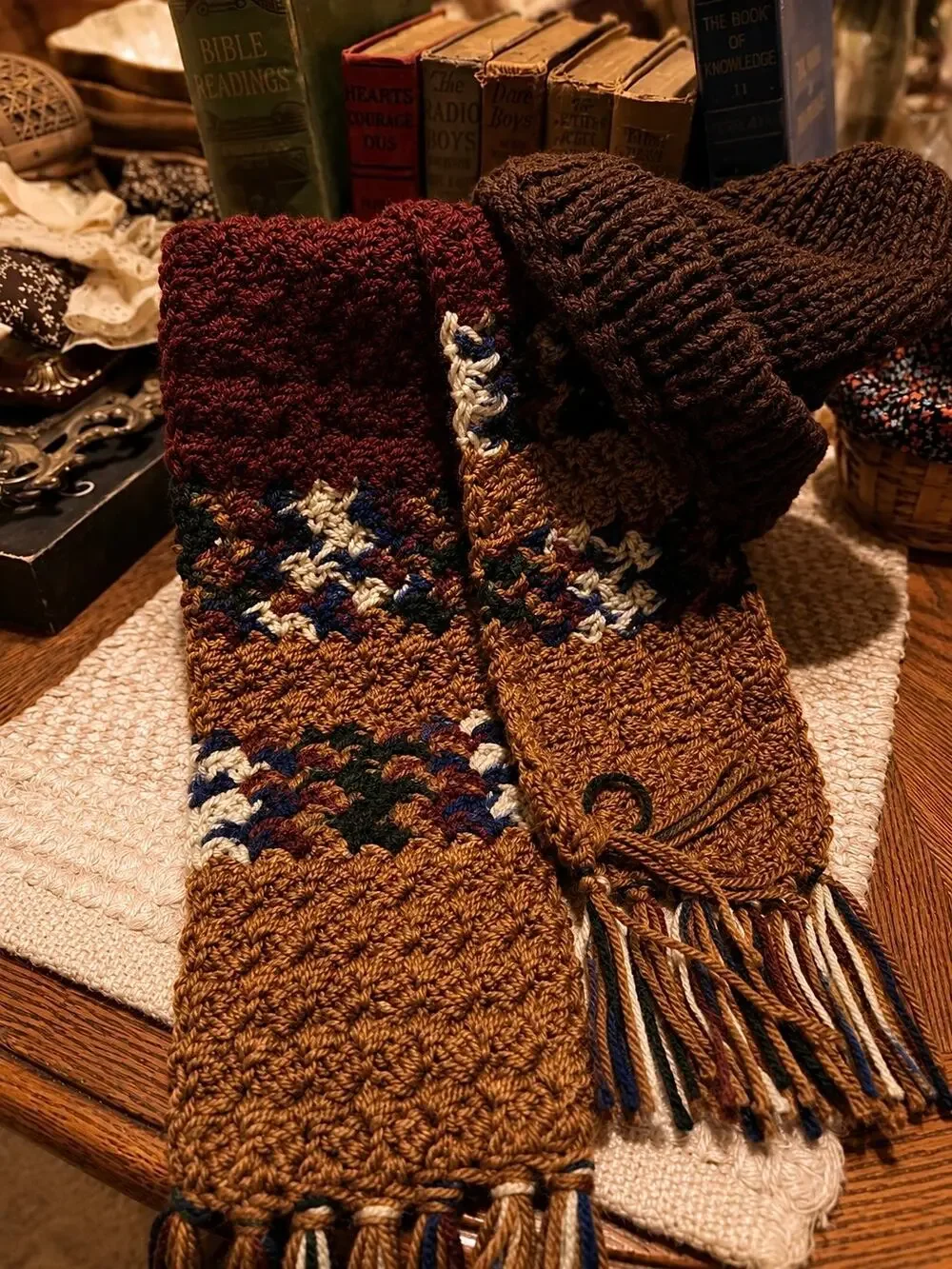 Handmade Crochet Scarf With Hat - Brown, Blue, Cream, Maroon